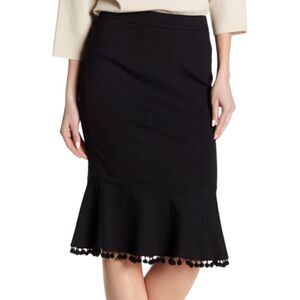 Catherine Malandrino Tulip Skirt 8 Pom Pom Hem Pencil Stretch Knit Black Career.